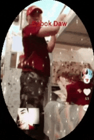 a man in a red shirt is standing in a circle with bok daw written in red