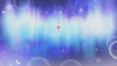 a cartoon character is flying through the air in a galaxy
