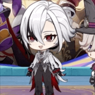 a cartoon character with white hair and red eyes is standing in front of a crowd of people .