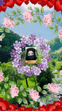 a picture of a woman in a hijab is surrounded by purple flowers