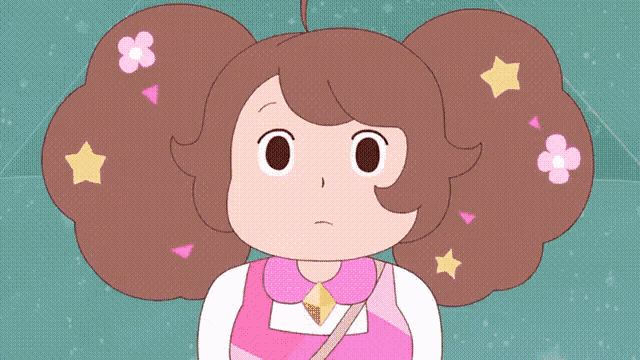 a cartoon girl with flowers in her hair is waving her hand