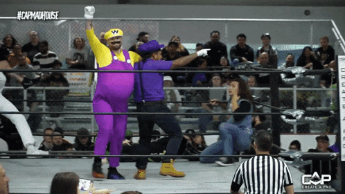 a wrestler in a purple and yellow costume holds up his fist in the air