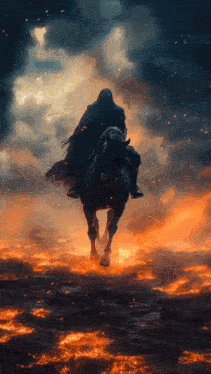 a painting of a man riding a horse in a field of flames