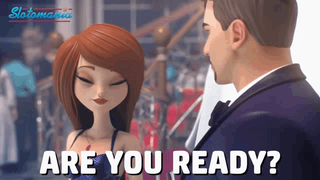 a man and a woman are standing next to each other with the words are you ready on the bottom
