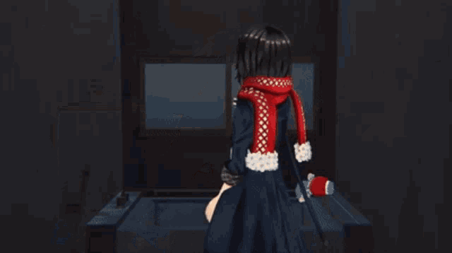 a girl wearing a red scarf is holding a screwdriver