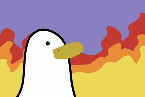 a drawing of a duck with a yellow beak and green eye