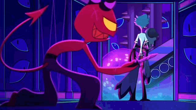 a couple of cartoon characters are standing next to each other in a room with a purple background .