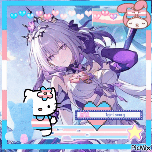 a picture of a girl with a hello kitty in the background