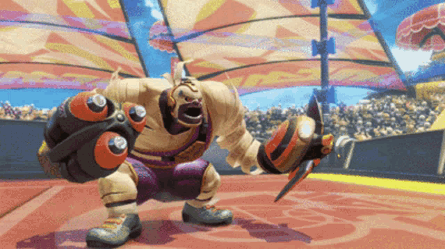 a cartoon character is holding a sword in his hand