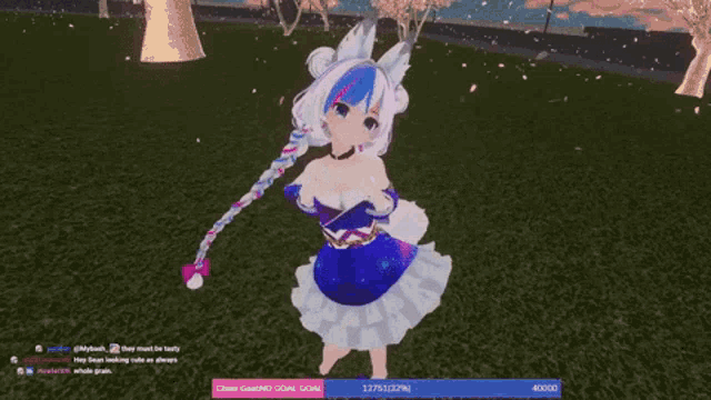 a screenshot of a video game shows a girl in a blue dress with a braid in her hair