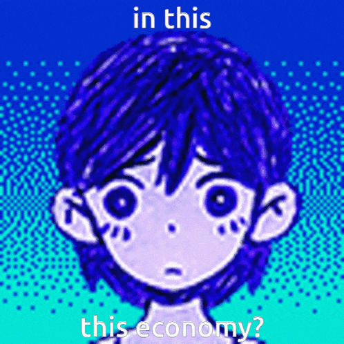 a drawing of a boy with purple hair and the words in this this economy below it