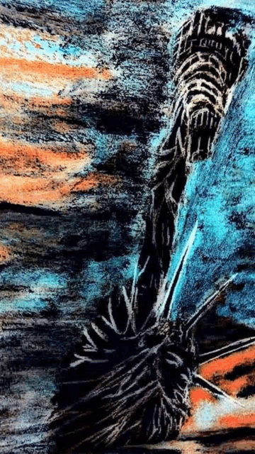 a painting of a statue of liberty with a blue sky in the background .