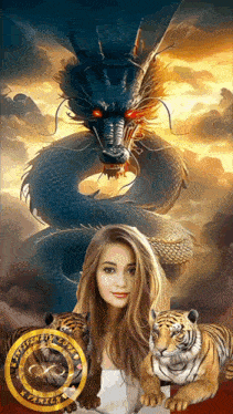 a painting of a woman surrounded by tigers and a dragon with an infinity symbol in the corner