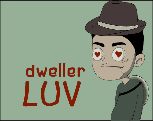 a cartoon of a man with hearts in his eyes and the words dweller luv above him