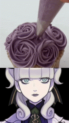 a cupcake with purple frosting is next to a cartoon character