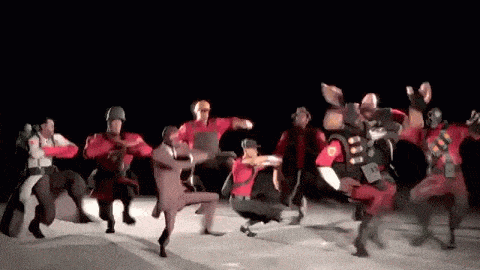 a group of soldiers in red uniforms are dancing in the dark