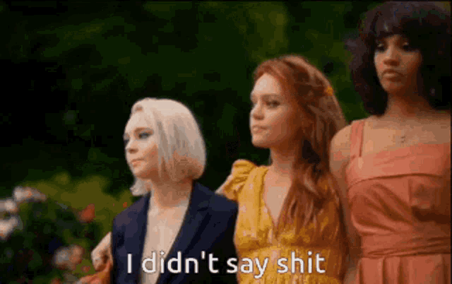 three women are standing next to each other and one of them says i did n't say shit