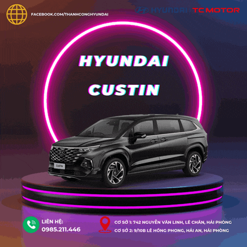 a black hyundai custin is displayed on a purple stage