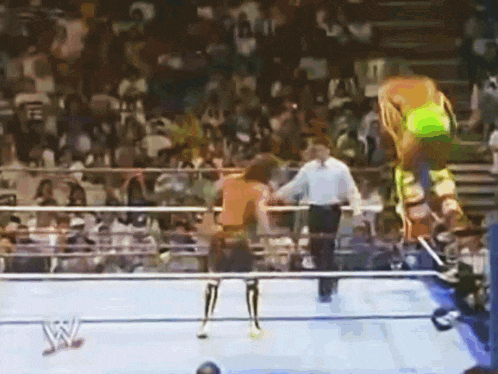 two wrestlers are fighting in a wrestling ring with a referee .