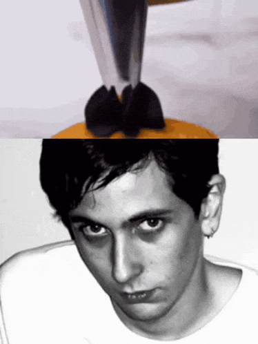 a black and white photo of a man 's face next to a picture of a person 's face