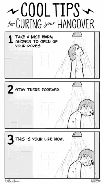 a cartoon of a man taking a shower with the words cool tips for curing your hangover on it
