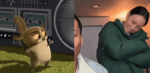 a picture of a squirrel dancing next to a picture of a woman laughing