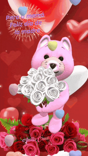 a pink teddy bear is holding a bouquet of roses with hearts and balloons in the background