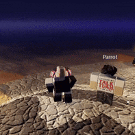 a video game character named parrot is standing on a rocky hill