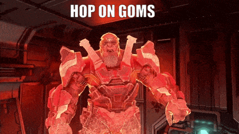 a robot with a beard is standing in a room with the words `` hop on goms '' written on the bottom .