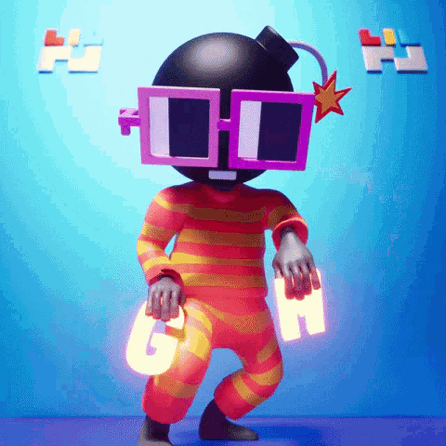 a cartoon character with a bomb on his head is holding the letter g