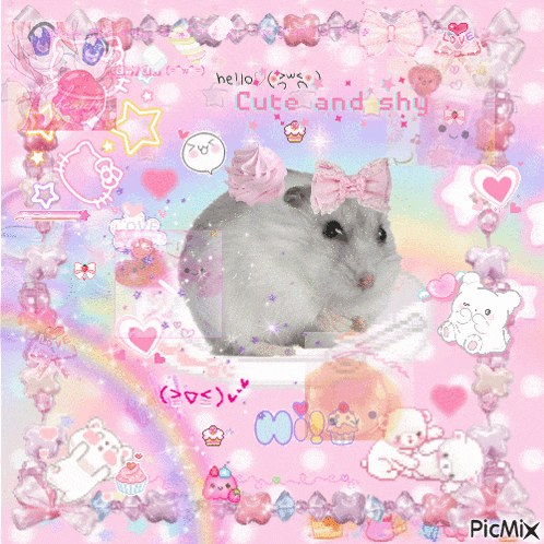 a picture of a hamster with the words cute and shy written on it