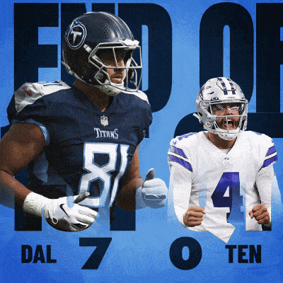 a titans football player giving a thumbs up next to a cowboys quarterback