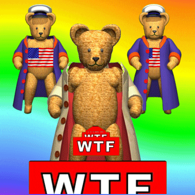 three teddy bears are standing next to each other with a sign that says wtf