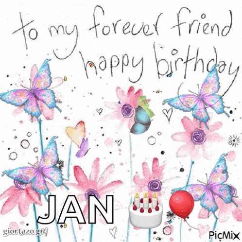 a birthday card with flowers and butterflies and the name jan