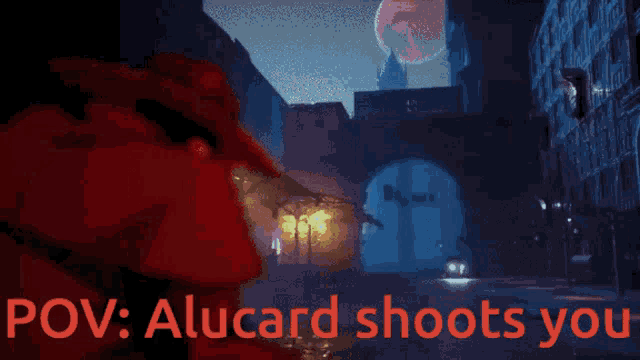 a pixel art drawing of a gun with the words pov alucard shoots you