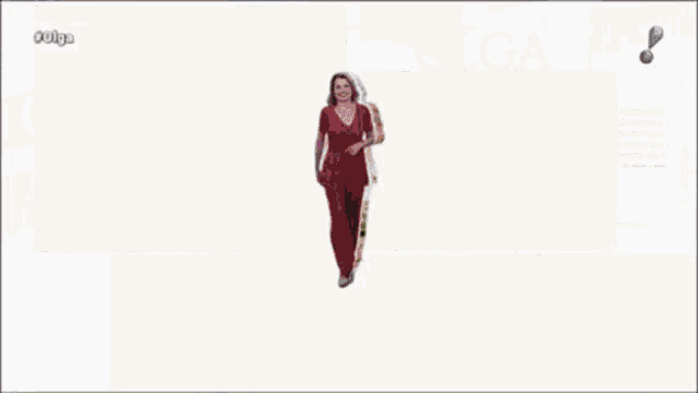 a woman wearing a red jumpsuit and a white hat with the word olga on the bottom right