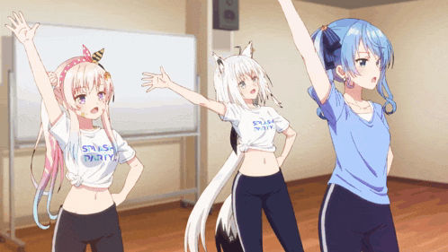 three anime girls wearing shirts that say " style party "