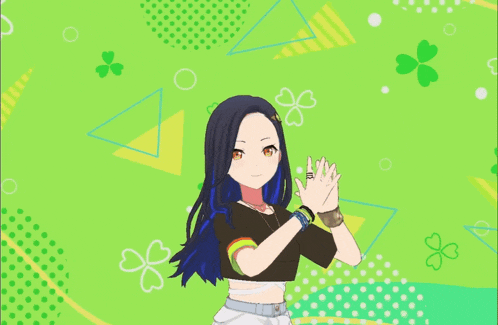 a girl with blue hair and red eyes is wearing bracelets