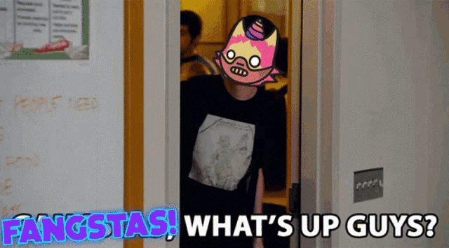 a person with a mask on their head and the words " what 's up guys " behind them