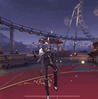 a cartoon character is standing on a red carpet in front of a roller coaster at night