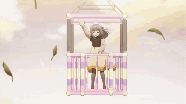 a girl in a pink hot air balloon holds a leaf