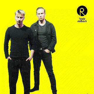 two men standing next to each other on a yellow background with the letter r in the middle