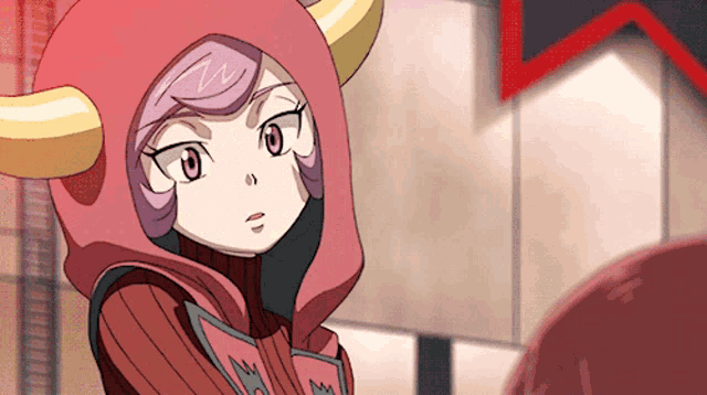 a cartoon character with horns and a hood that says m on it