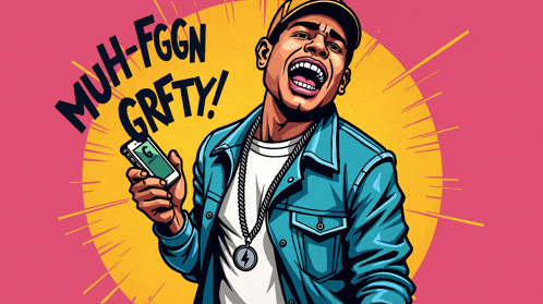 a cartoon drawing of a man holding a cell phone with the words " muh-fggn grfty " written on it