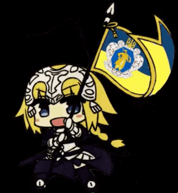 a cartoon of a girl holding a flag with a spear .