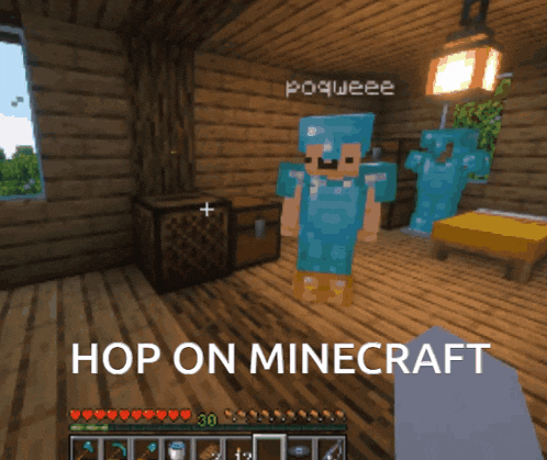 a screenshot of a video game with the words hop on minecraft at the bottom