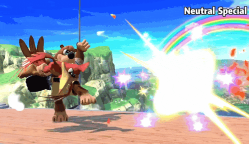 a video game screen shows a character with a rainbow in the background and says neutral special