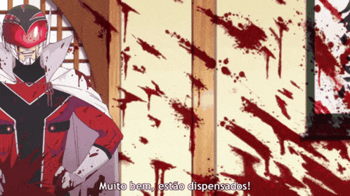 a man in a red and white costume is standing in front of a bloody wall and says muito bem estão dispensados