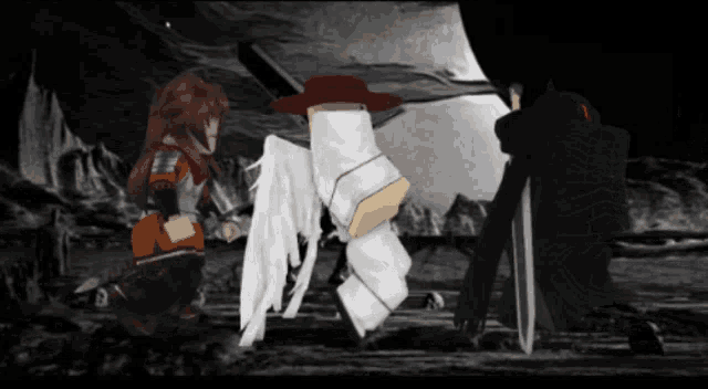 a cartoon character with wings and a red hat standing next to another character