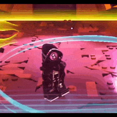 a robot is flying through the air in a video game while a purple light is shining on it .